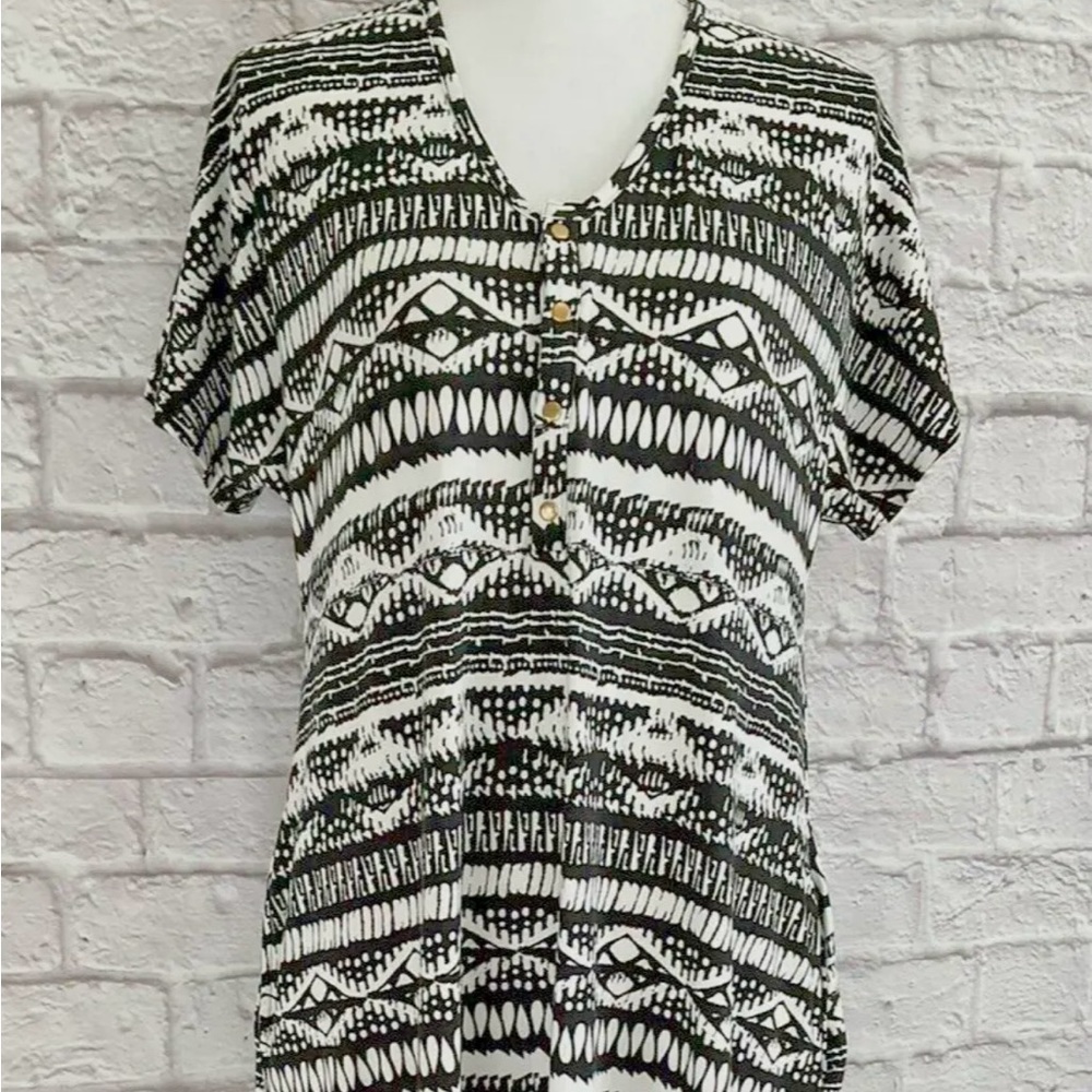 Dwell and Slumber XS/S Marley Dress Black White Geometric Bohemian Snaps Gown